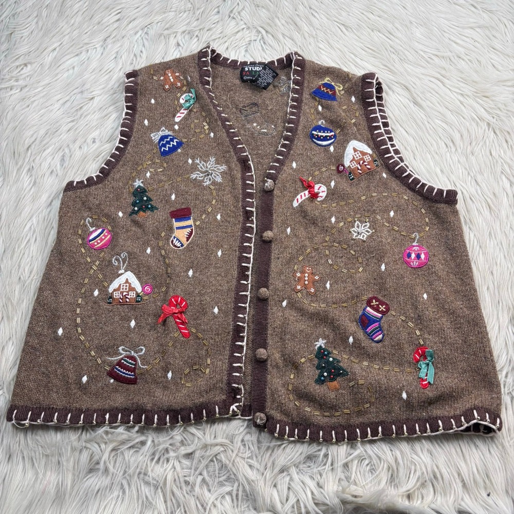 Vintage Designer Originals Studio Women's L Beaded Knit Sweater Vest Christmas